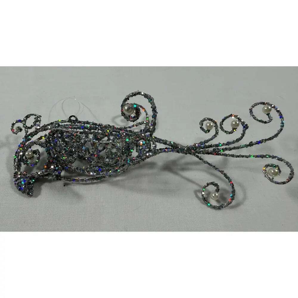 Lot of 4 Bird Christmas Ornaments Glitter Cardinal Jeweled Silver Nest